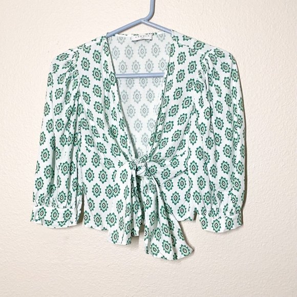 Sandro Namal Printed Crop Top 1 Small Waist Tie 3/4 Balloon Sleeve White Green - Picture 2 of 7